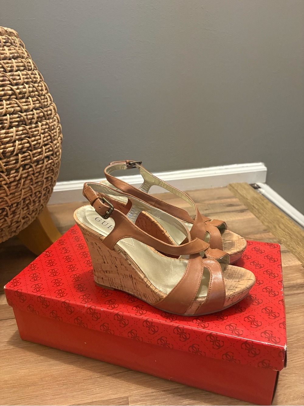 GUESS Brown Leather Cork Wedge Sandals - Slingback Strappy Style